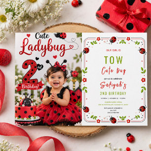 Two Cute Ladybug 2nd Birthday Party for Kids  Invitation