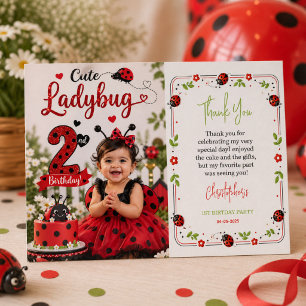 Two Cute Ladybug 2nd Birthday Party for Kids Thank You Card