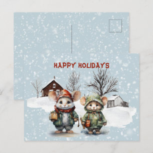 Two Cute Litte Mice At the Farm Happy Holidays Holiday Postcard