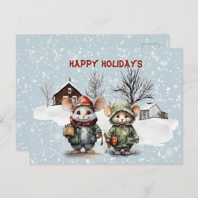 Two Cute Litte Mice At the Farm Happy Holidays Holiday Postcard (Front/Back)