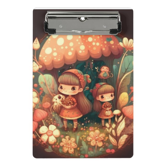 Two cute little elves under mushrooms Clipboard (Front)