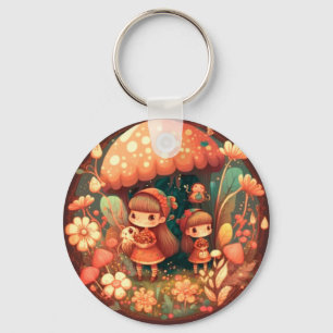 Two cute little elves under mushrooms key ring