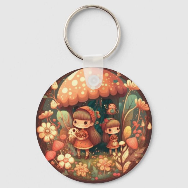 Two cute little elves under mushrooms  key ring (Front)
