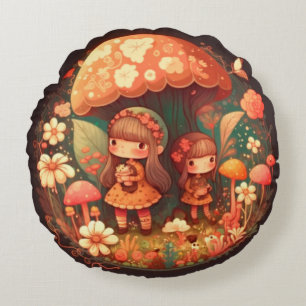 Two cute little girls elves  round cushion