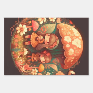 Two cute little girls elves wrapping paper sheet