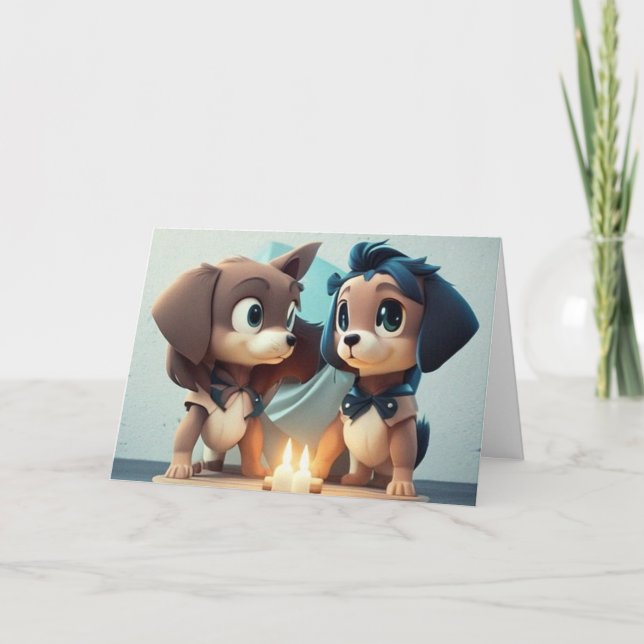 Two Cute little puppies celebrating a birthday Tha Thank You Card (Front)