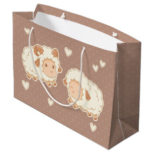 Two Cute Little Sheep Pattern on Brown Large Gift Bag