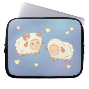 Two Cute Little Sheep Ram Ewe on Blue Laptop Sleeve