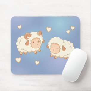 Two Cute Little Sheep Ram Ewe on Blue Mouse Mat