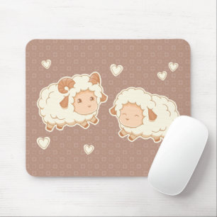 Two Cute Little Sheep Ram Ewe on Brown Mouse Mat