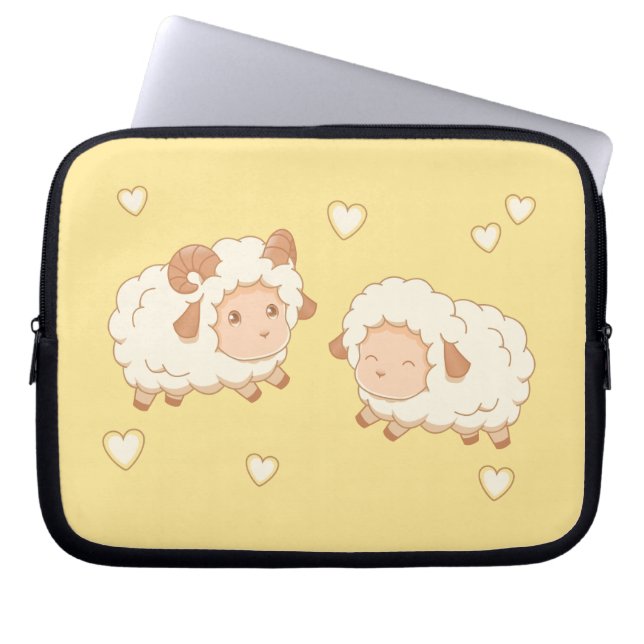 Two Cute Little Sheep Ram Ewe on Yellow Laptop Sleeve (Front)