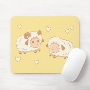 Two Cute Little Sheep Ram Ewe on Yellow Mouse Mat