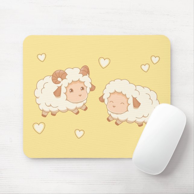 Two Cute Little Sheep Ram Ewe on Yellow Mouse Mat (With Mouse)
