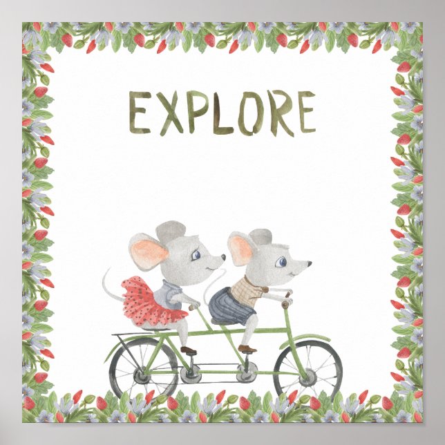 Two Cute Mice On A Bike Explore Text Poster (Front)