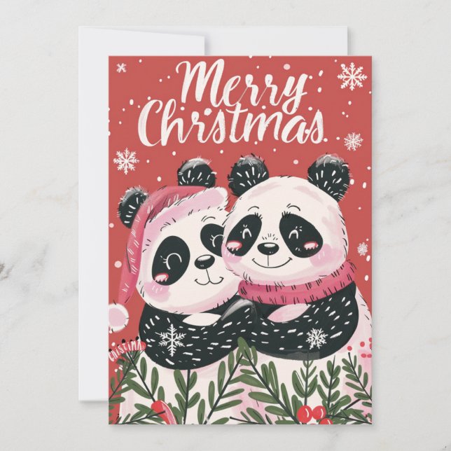 Two cute Panda Merry Christmas  Holiday Card (Front)
