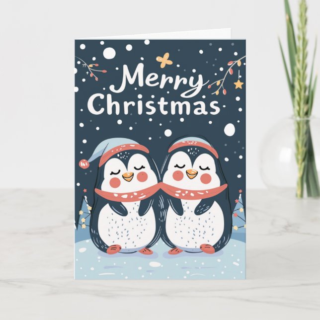 Two cute penguins Merry Christmas Personalised Holiday Card (Front)