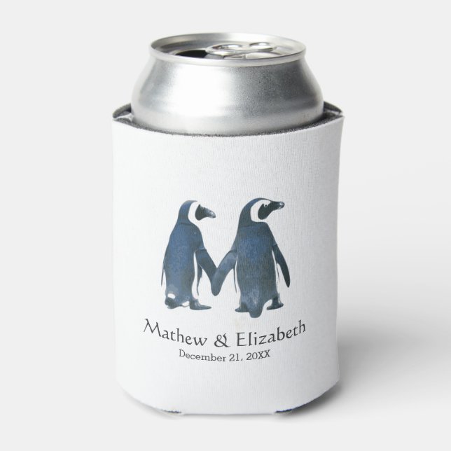 Two Cute Penguins | Romantic Wedding Can Cooler (Can Front)