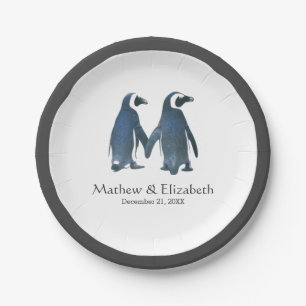 Two Cute Penguins   Romantic Wedding Paper Plate