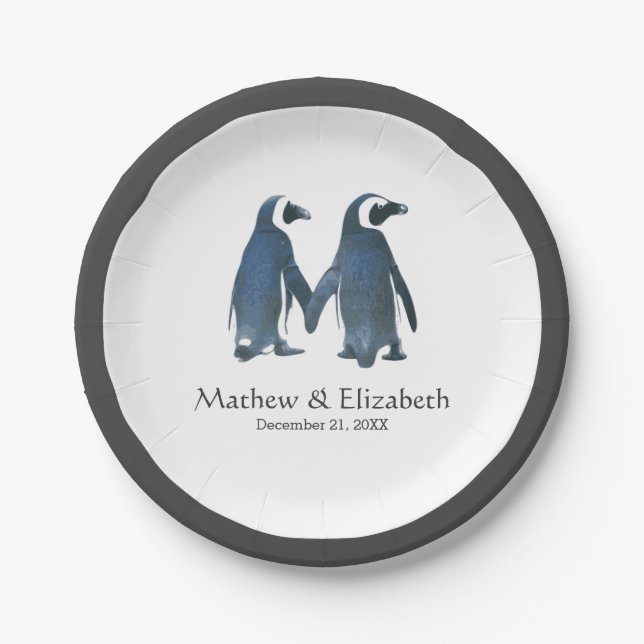 Two Cute Penguins | Romantic Wedding Paper Plate (Front)