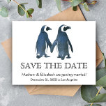 Two Cute Penguins | Romantic Wedding Save The Date Announcement Postcard<br><div class="desc">This design features two cute penguins holding hands and standing beside each other.</div>