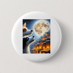 Two Cute Pet Dogs Looking Up For The Full Moon On 6 Cm Round Badge