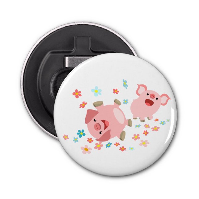 Two Cute Pigs in Spring Button Bottle Opener (Front)