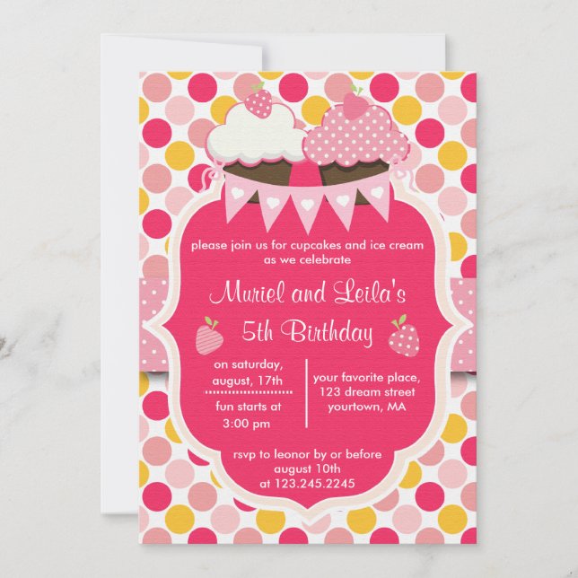 Two Cute Pink Cupcakes, Dots & Strawberries Party Invitation (Front)