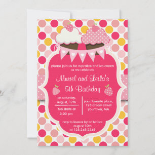 Two Cute Pink Cupcakes, Dots & Strawberries Party Invitation