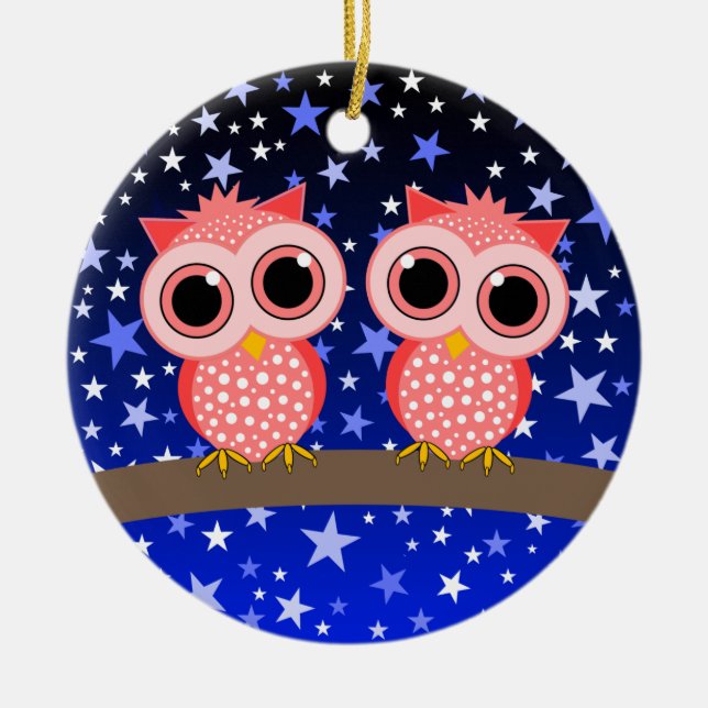 two cute pink owls ceramic tree decoration (Front)