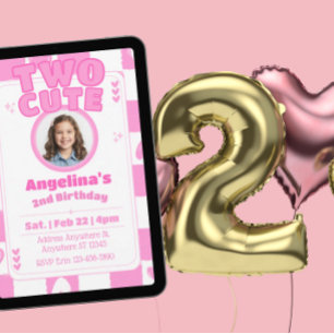Two Cute Pink & White Hearts 2nd Birthday Picture Invitation