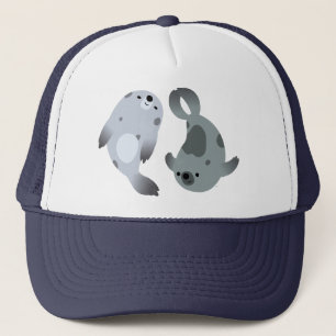 Two Cute Playful Cartoon Harp Seals Hat