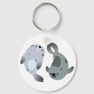 Two Cute Playful Cartoon Harp Seals Keychain