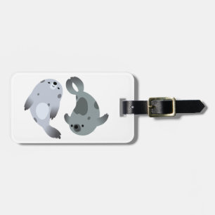 Two Cute Playful Cartoon Harp Seals Luggage Tag