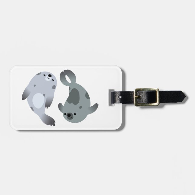 Two Cute Playful Cartoon Harp Seals Luggage Tag (Front Horizontal)