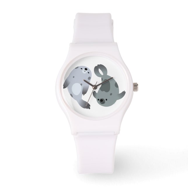 Two Cute Playful Cartoon Harp Seals Sport Watch (Front)