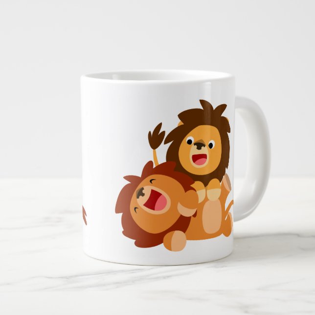 Two Cute Playful Cartoon Lions Jumbo Mug (Front Right)