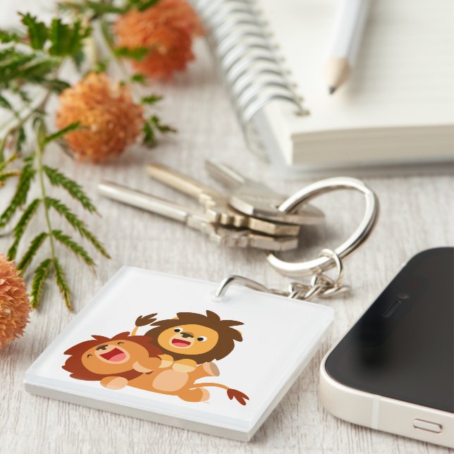 Two Cute Playful Cartoon Lions Key Ring (Front Right)