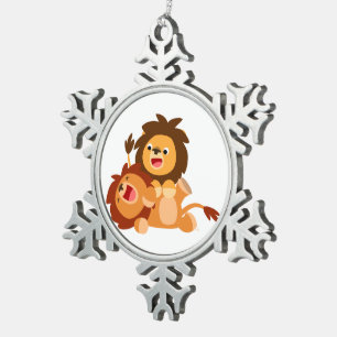 Two Cute Playful Cartoon Lions Pewter Ornament