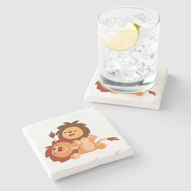 Two Cute Playful Cartoon Lions Stone Coaster (Side)