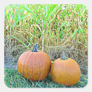Two Cute Pumpkins in Cornfield Halloween Stickers
