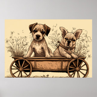 Two Cute Puppies in a Wagon Poster