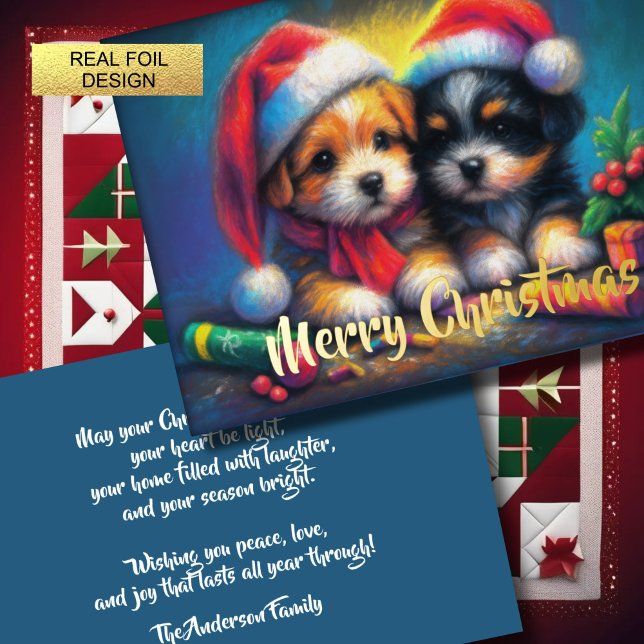 Two Cute Puppies in Santa Hats Foil Holiday Card (Creator Uploaded)