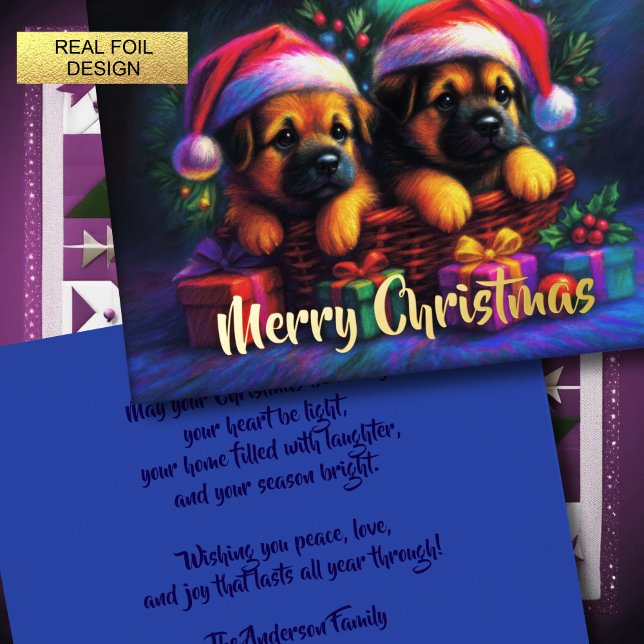 Two Cute Puppies in Santa Hats Foil Holiday Card (Creator Uploaded)