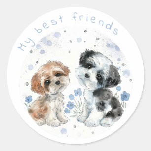 Two cute puppies, personalised classic round sticker