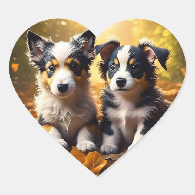 Two Cute Puppies Playing in Fall Leaves Heart Sticker (Front)