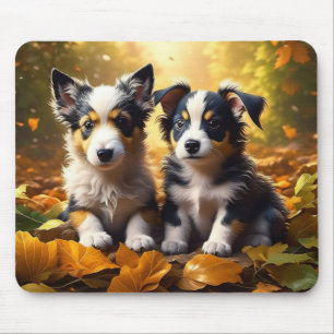 Two Cute Puppies Playing in Fall Leaves Mouse Mat
