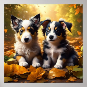 Two Cute Puppies Playing in Fall Leaves Poster