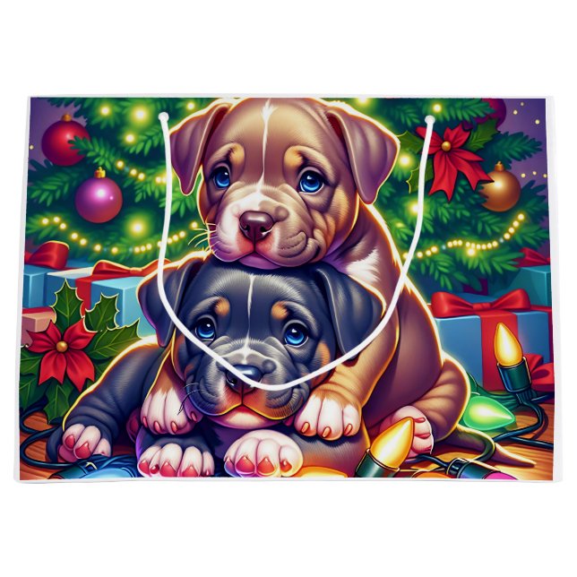 Two Cute Puppies Playing under the Christmas Tree Large Gift Bag (Front)