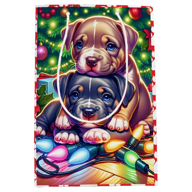 Two Cute Puppies Playing under the Christmas Tree Medium Gift Bag (Front)