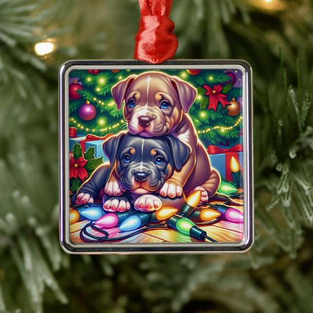 Two Cute Puppies Playing under the Christmas Tree Metal Tree Decoration (Tree)